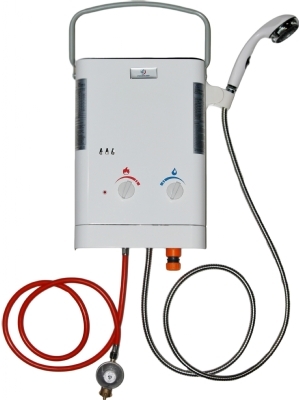 Eccotemp CE L5 outdoor instantaneous water heater with shower. Convenient at the camp site, washing your dog or horse, at the boat or anywhere you like. 10 kW and 5 liters per minutes. Best selling instantaneous water heater!