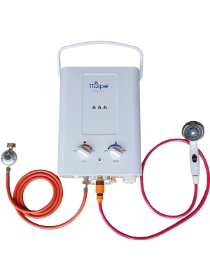 Portable outdoor water heater with 12 KW, 6 liters per minute incl. Shower and gas set, white